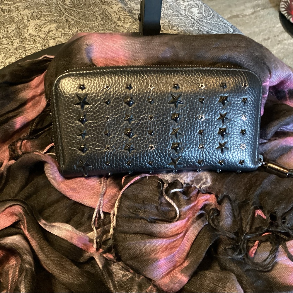 Jimmy Choo wallet in black Italian leather w/ black and silver star stud accents